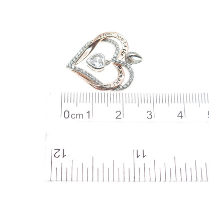 925 Sterling Silver 2-Tone C Z I Love You To The Moon & Back Heart Charm Pendant