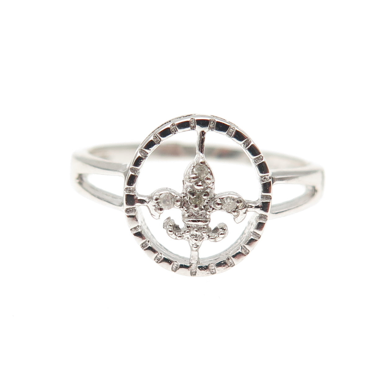 925 Sterling Silver Real Round-Cut Diamond Fleur de Lis Ring Size 7