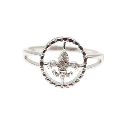 925 Sterling Silver Real Round-Cut Diamond Fleur de Lis Ring Size 7