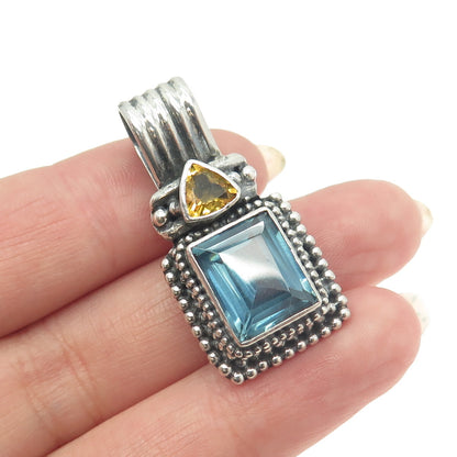 925 Sterling Silver Vintage Real Citrine & Blue Glass Granulated Pendant