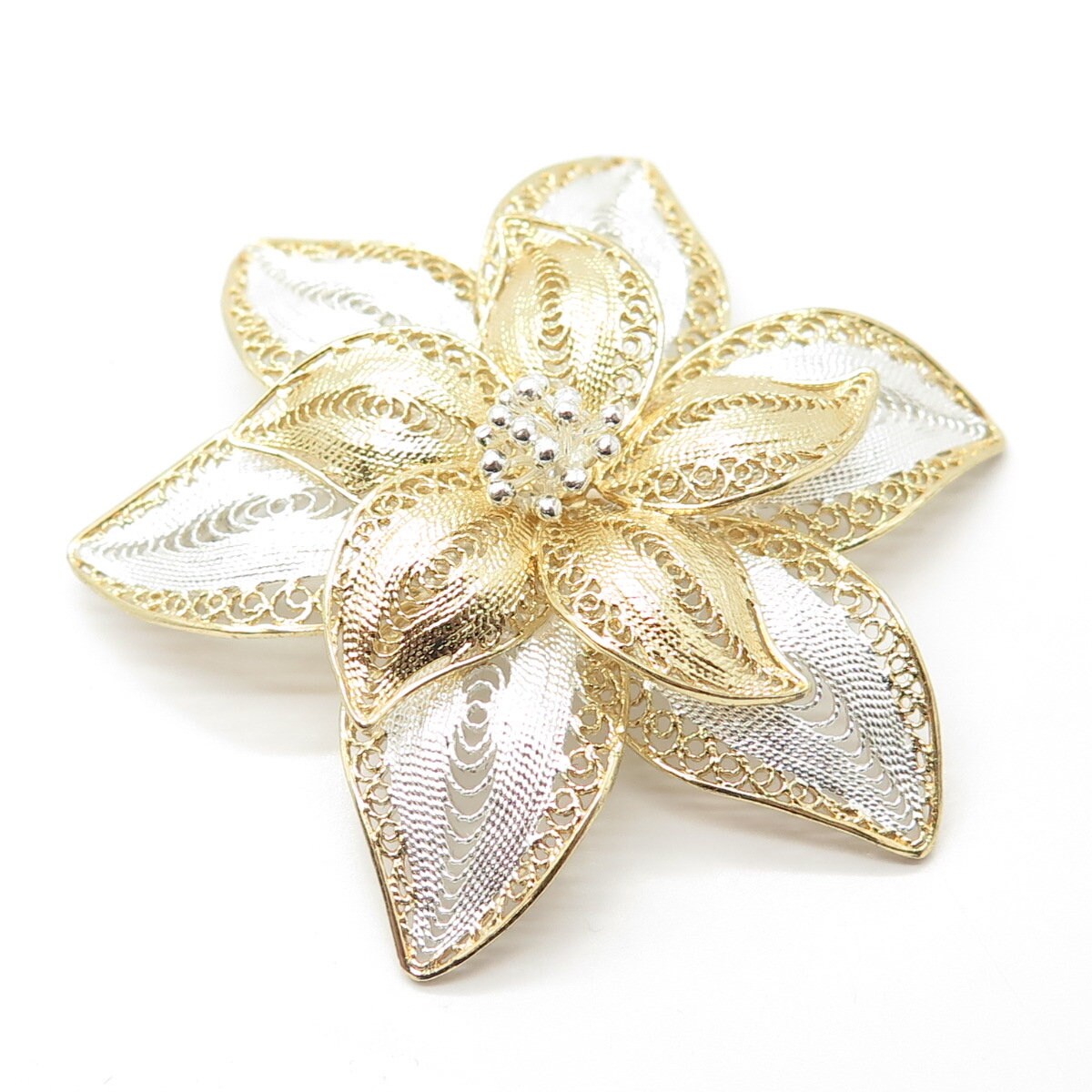 925 Sterling Silver 2-Tone Vintage Filigree Floral Pin Brooch