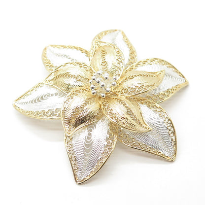 925 Sterling Silver 2-Tone Vintage Filigree Floral Pin Brooch