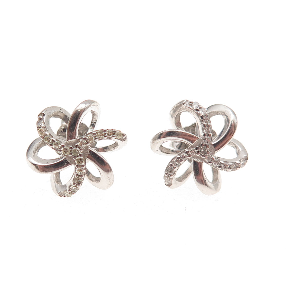 925 Sterling Silver Real Round-Cut Diamond Floral Stud Earrings