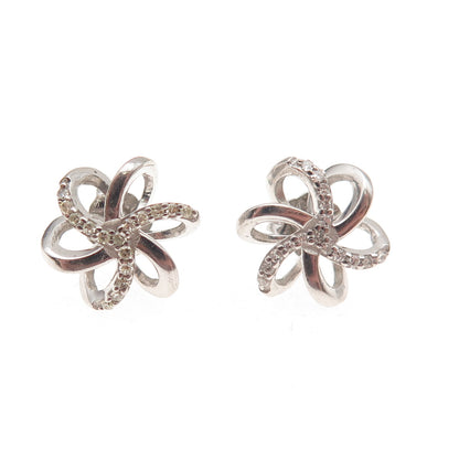 925 Sterling Silver Real Round-Cut Diamond Floral Stud Earrings