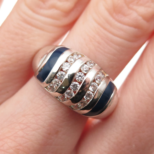 925 Sterling Silver Enamel & Round-Cut C Z Dome Ring Size 8.25