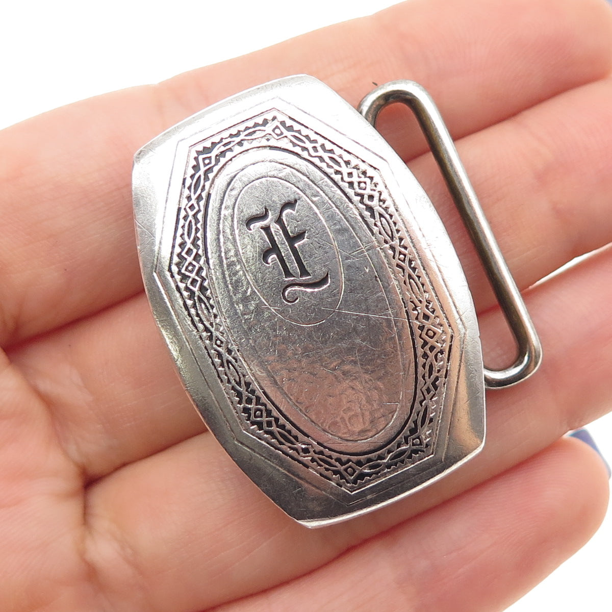 HICKOK Sterling Silver & Bronze Antique Art Deco Letter F Oxidized Belt Buckle