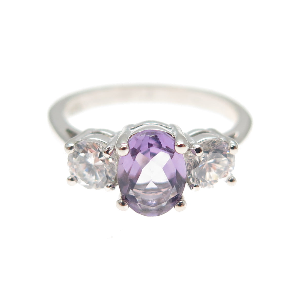 925 Sterling Silver Real Oval-Cut Amethyst & Round-Cut C Z Ring Size 5