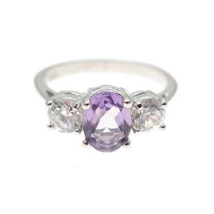 925 Sterling Silver Real Oval-Cut Amethyst & Round-Cut C Z Ring Size 5