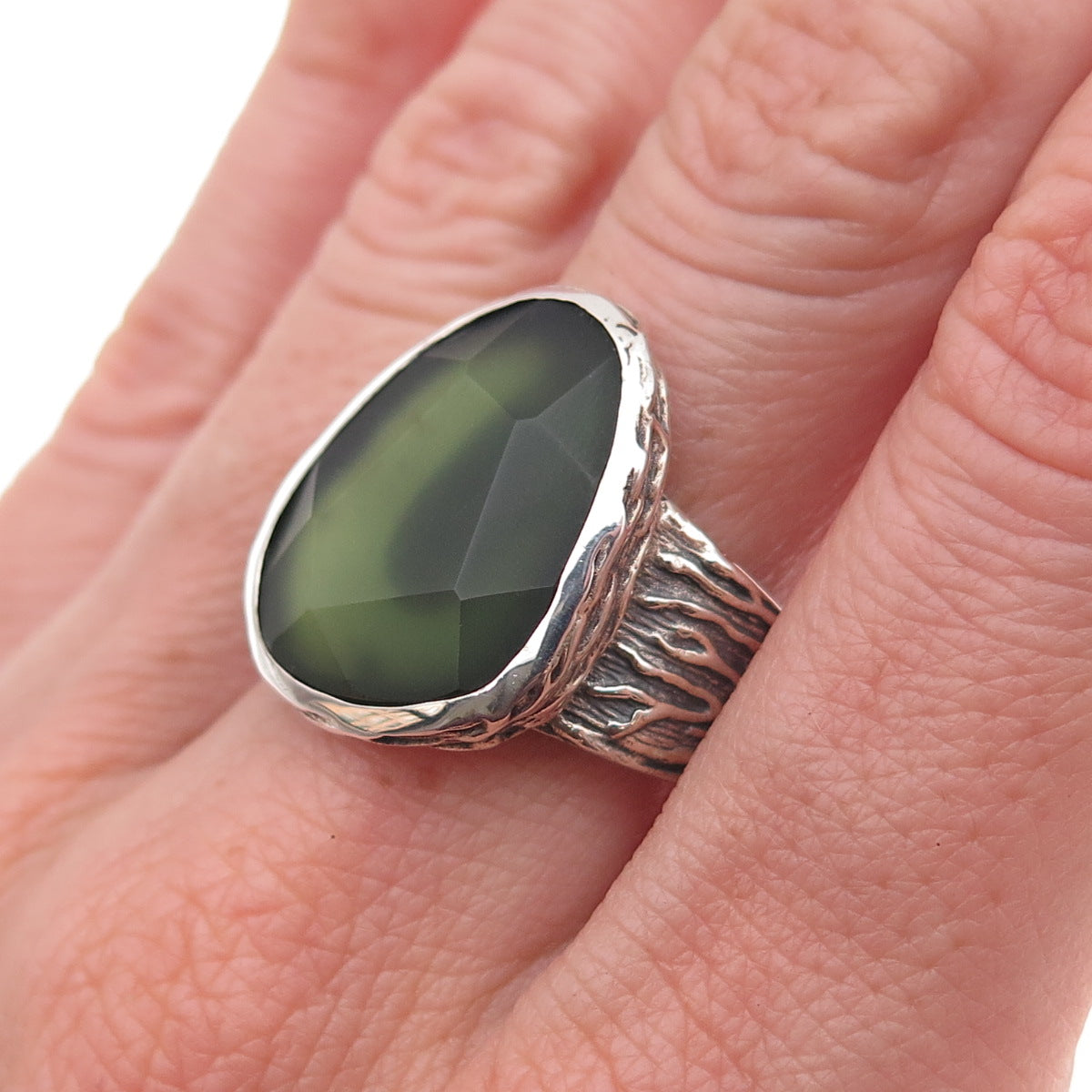 Silpada 925 Sterling Silver Vintage Olive Green Glass Oxidized Ring Size 8.25