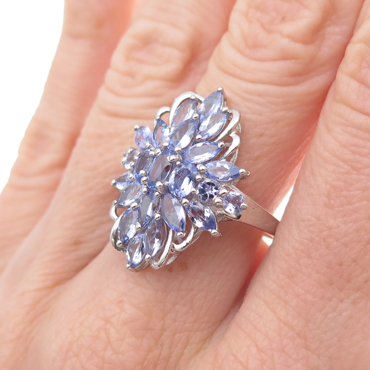 Chuck Clemency 925 Sterling Silver Real Tanzanite Floral Ring Size 8
