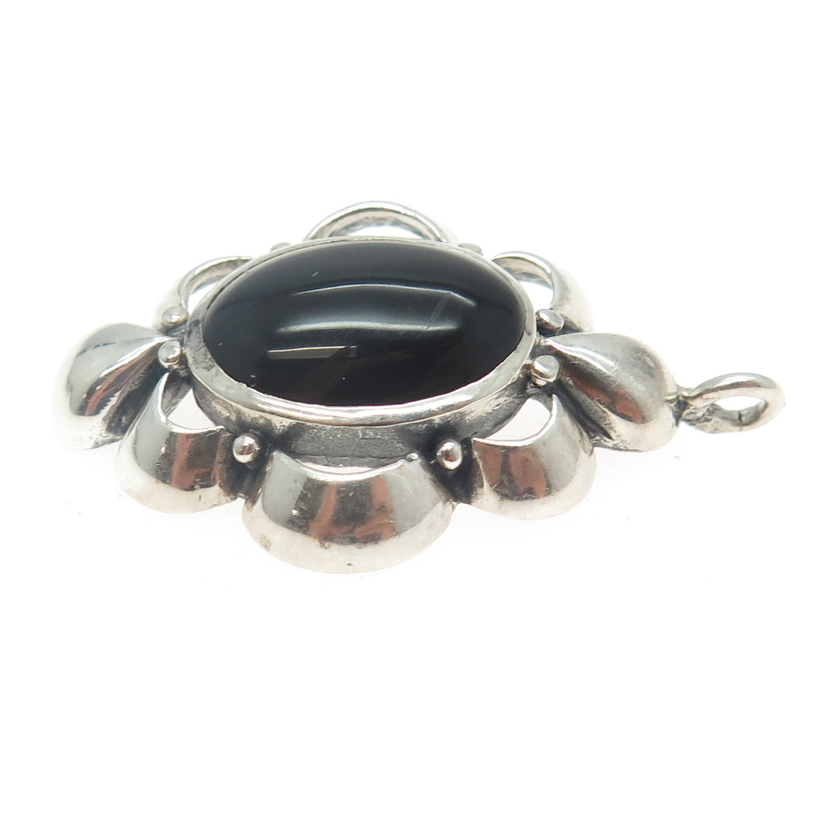 MORNING SUN 925 Sterling Silver Vintage Real Black Onyx Floral Pendant