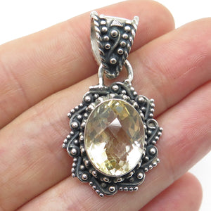 925 Sterling Silver Vintage Real Oval-Cut Citrine Floral Oxidized Pendant
