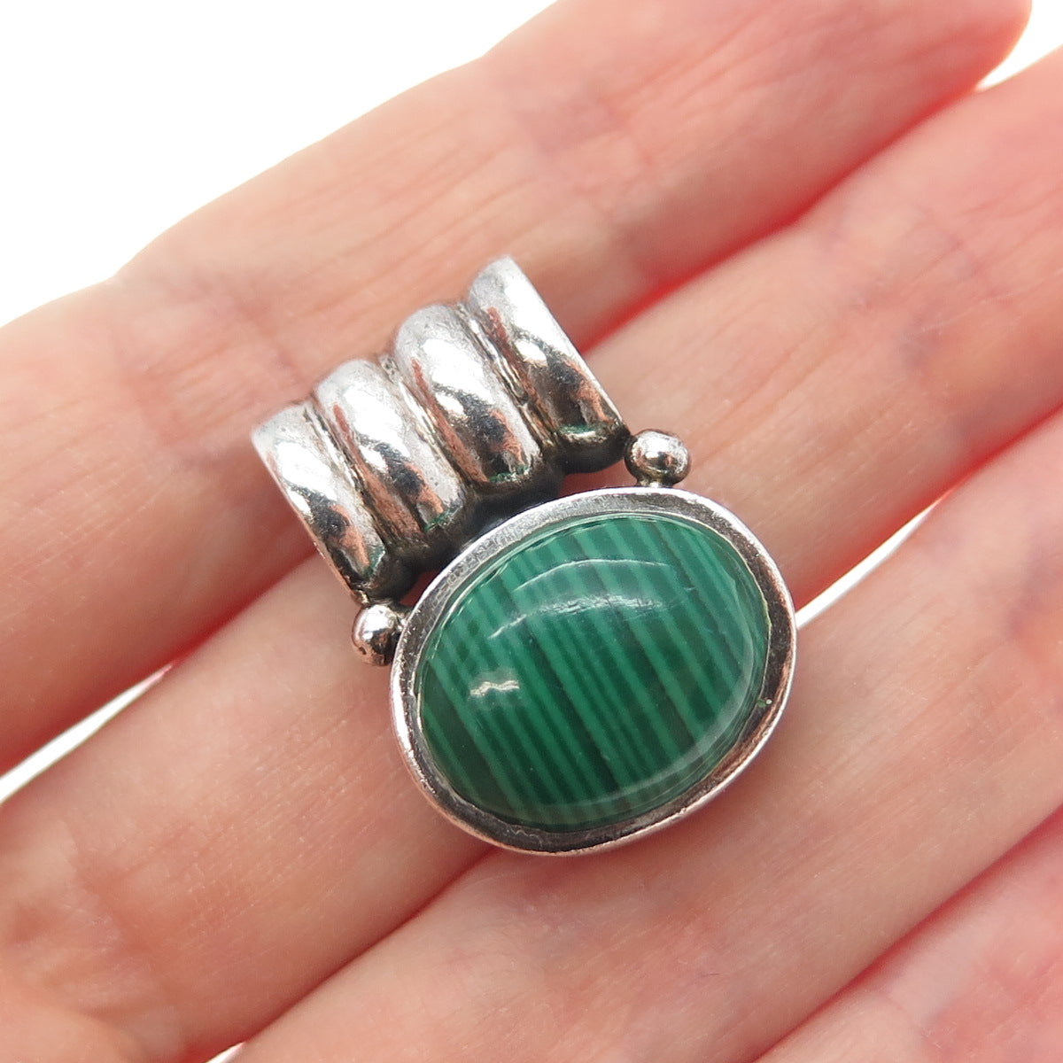 925 Sterling Silver Vintage Real Cabochon Malachite Oxidized Slide Pendant