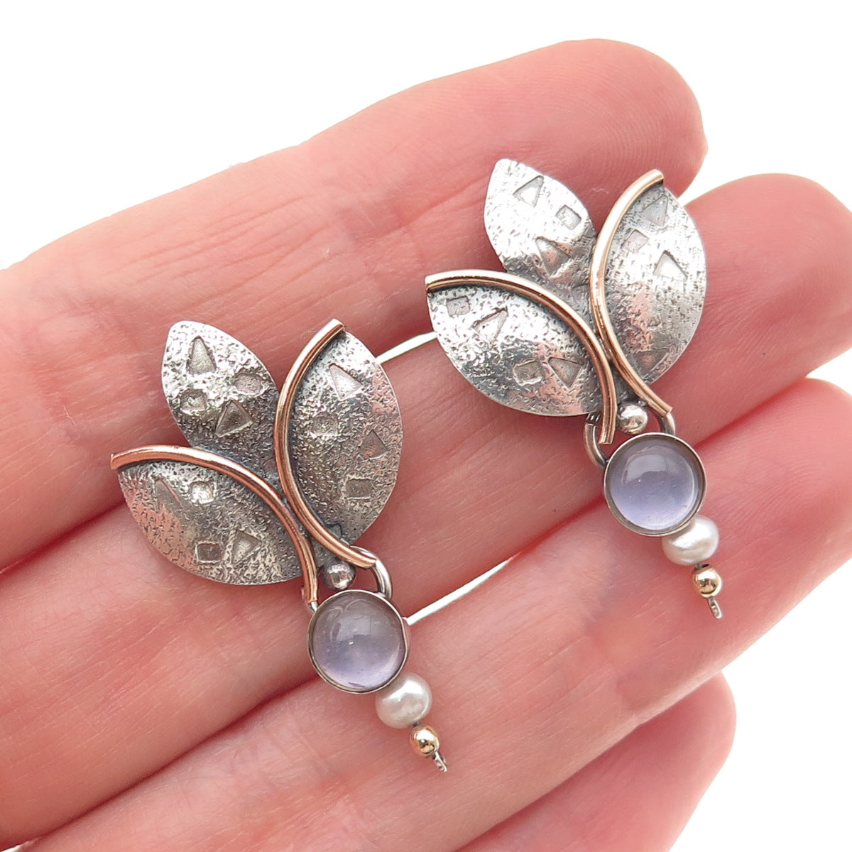 925 Sterling Gold Filled Vintage Real Pearl & Iolite Modernist Floral Earrings