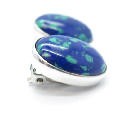 925 Sterling Silver Vintage AIS Mexico Real Azurite Clip On Oval Earrings