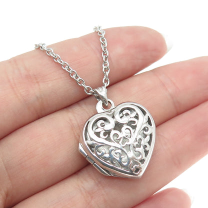 925 Sterling Silver Ornate Heart Locket Pendant Cable Chain Necklace 18"