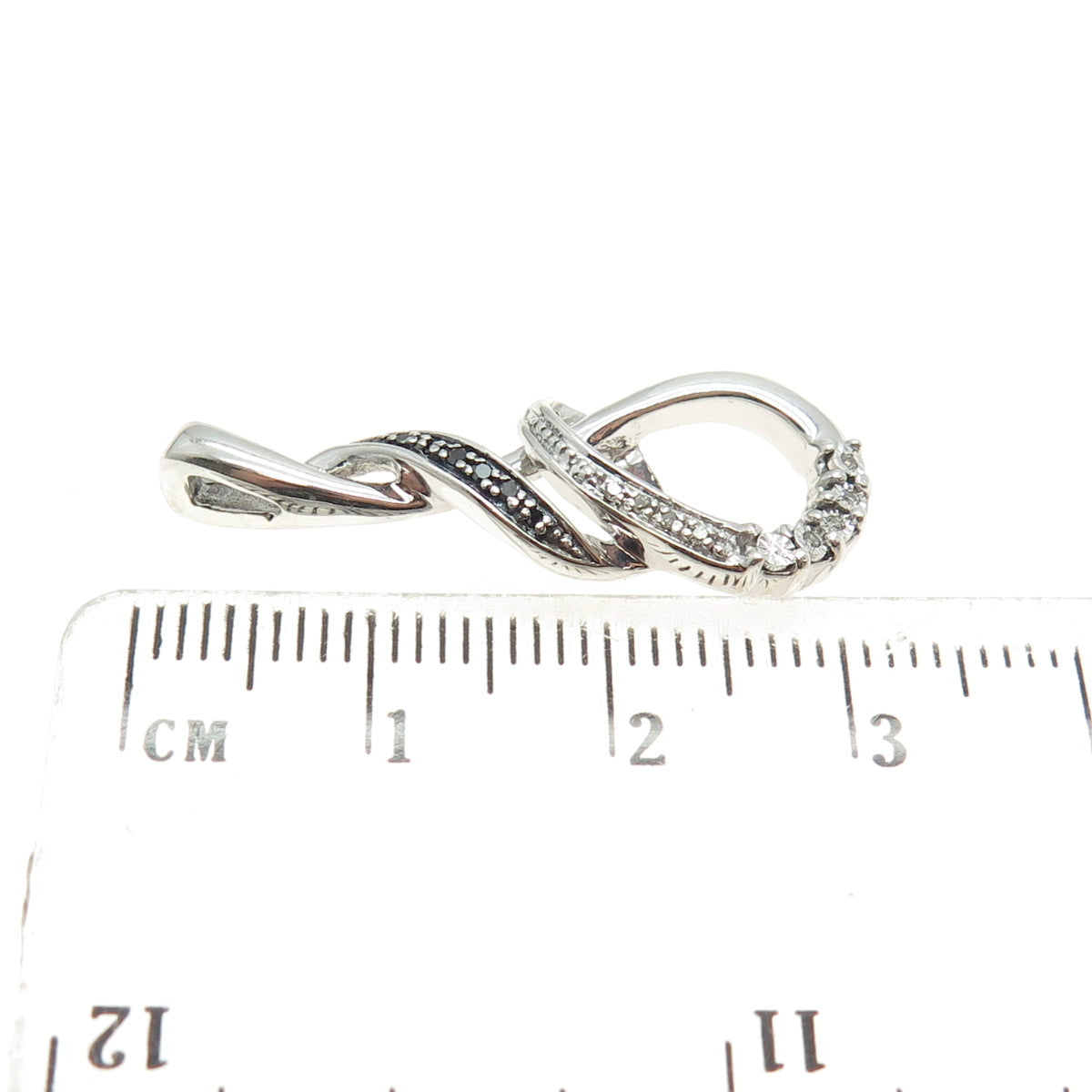 925 Sterling Silver Real Round-Cut Black & White Diamond Twisted Pendant