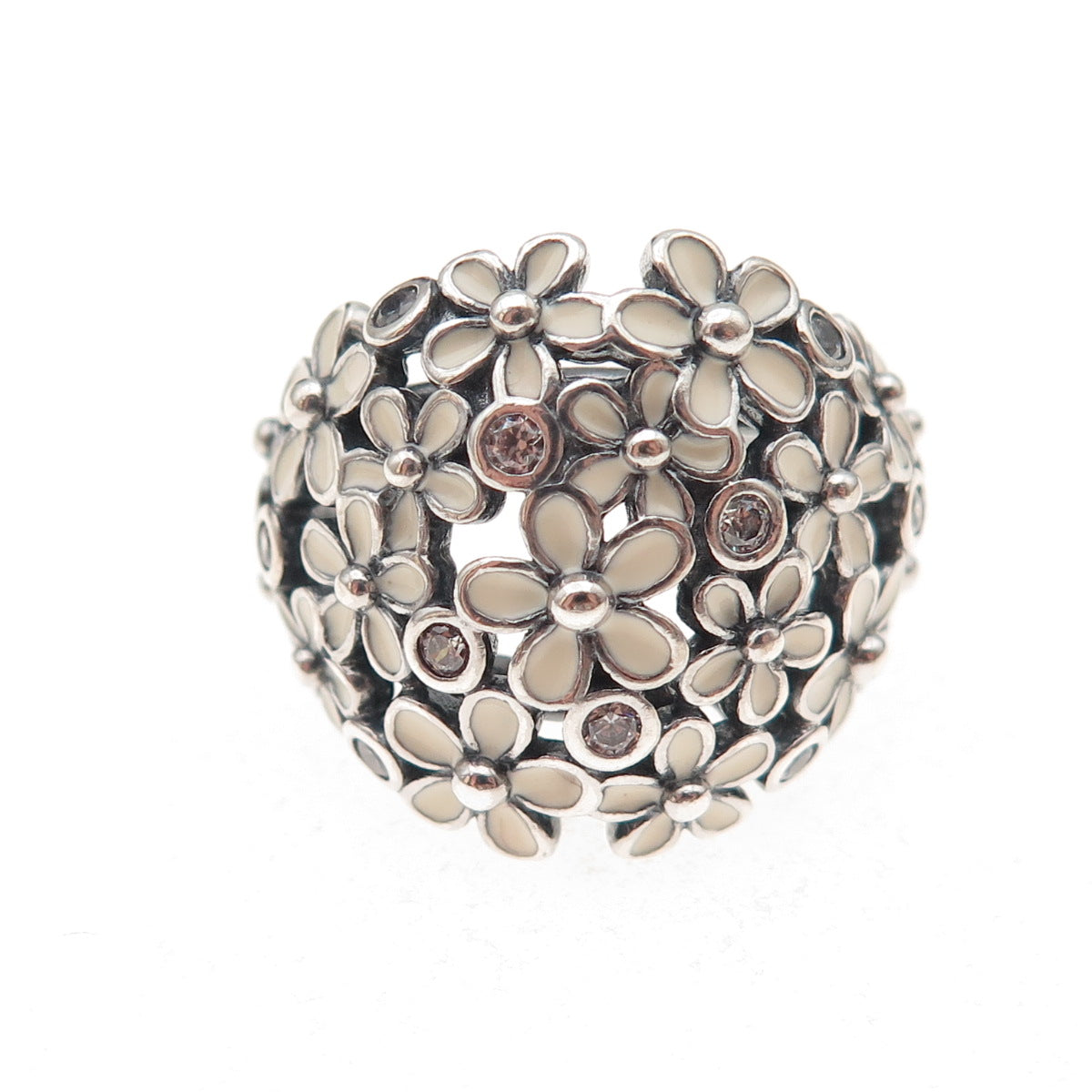 Pandora 925 Sterling Silver Enamel & C Z Darling Daisy Bouquet Ring Size 5.25