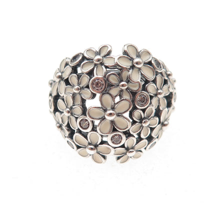 Pandora 925 Sterling Silver Enamel & C Z Darling Daisy Bouquet Ring Size 5.25