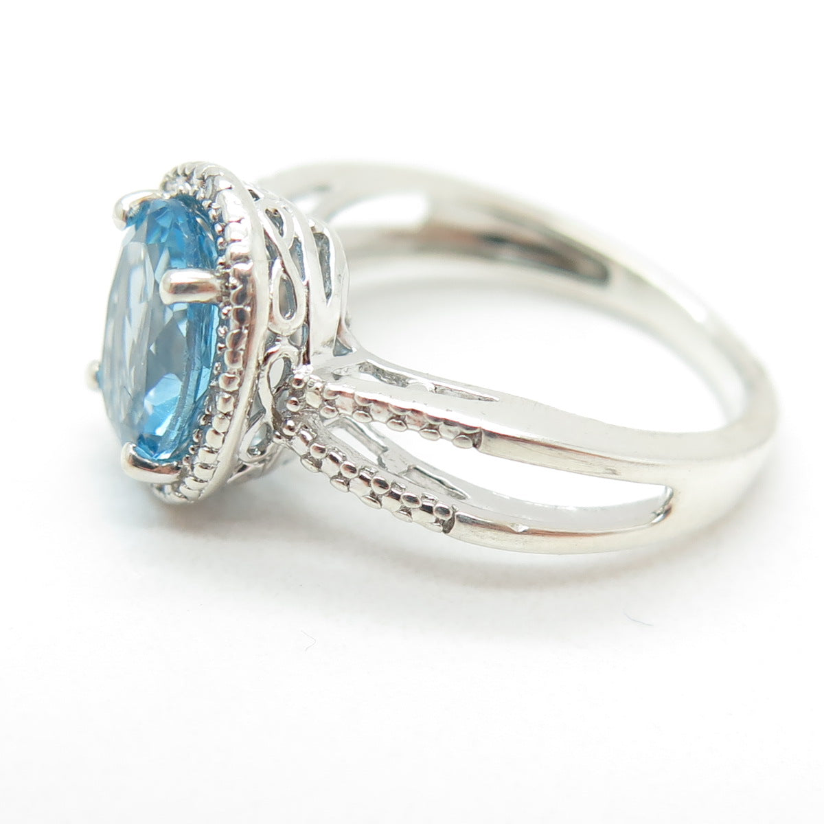 925 Sterling Silver Real White Diamond Accent & Blue Topaz Gem Ring Size 5.75