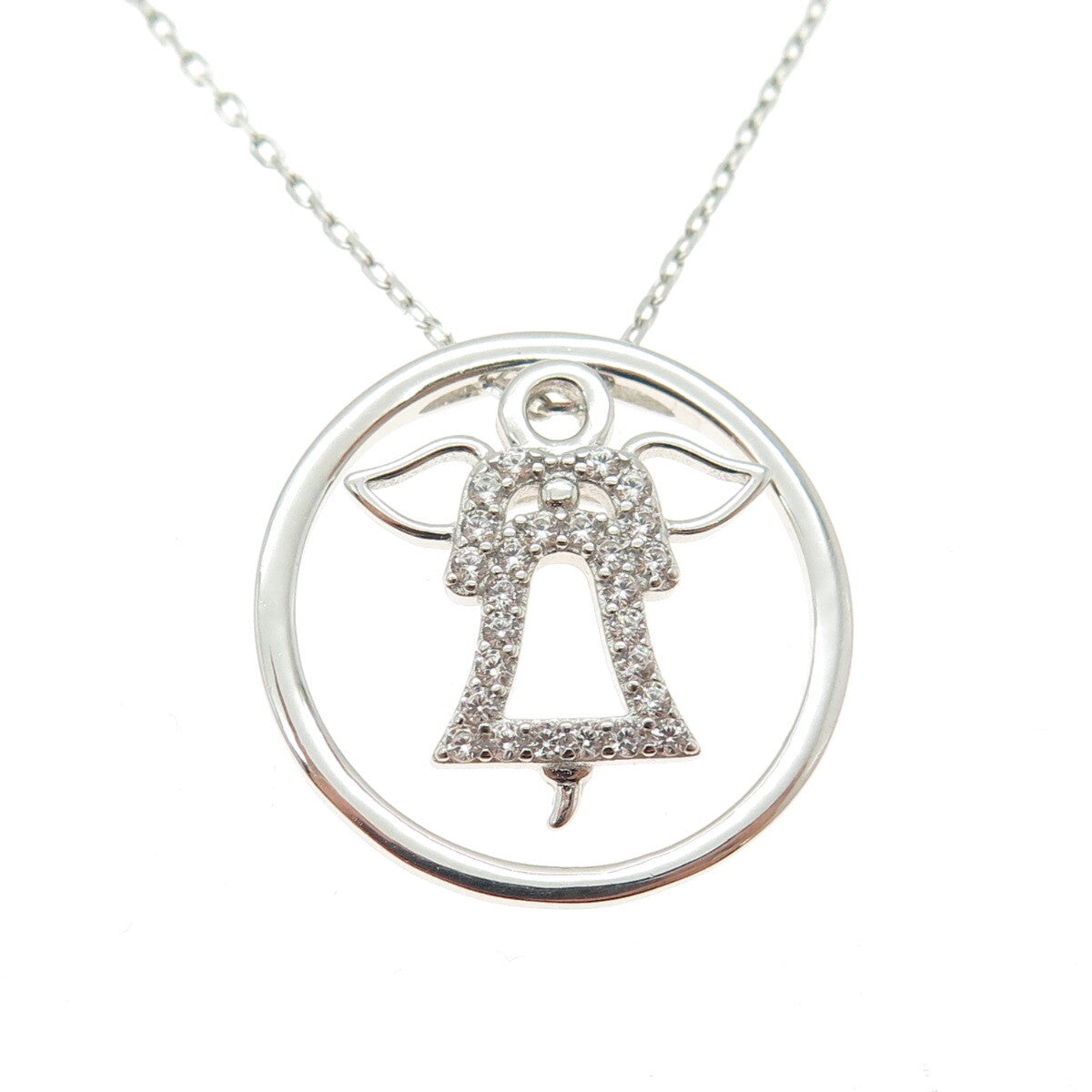 HAN 925 Sterling Silver Round-Cut Shaped C Z Angel Cable Chain Necklace 16-18"