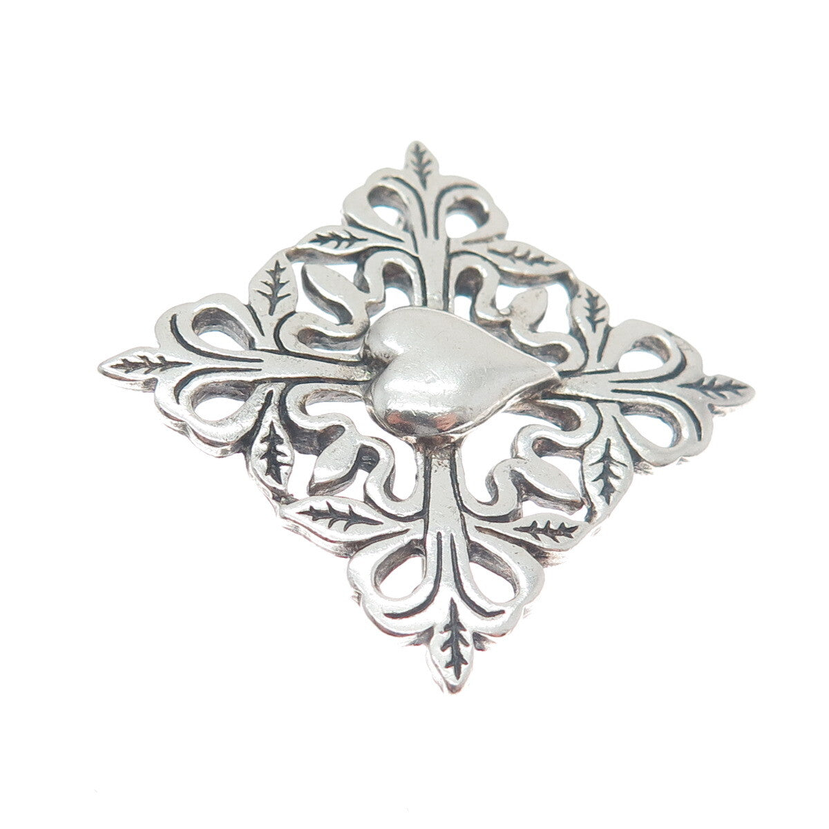 HAND & HAMMER 925 Sterling Silver Vintage Floral Heart Oxidized Pin Brooch
