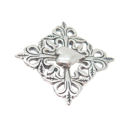 HAND & HAMMER 925 Sterling Silver Vintage Floral Heart Oxidized Pin Brooch