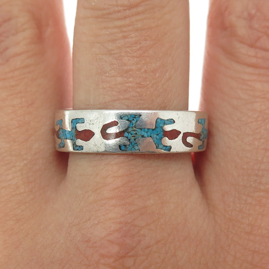 Old Pawn Sterling Silver Vintage Turquoise & Coral Inlay Lizard Ring Size 12.75