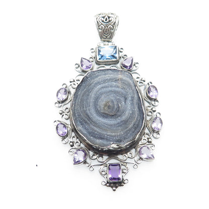 925 Sterling Silver Real Asote Druzy Amethyst Swiss Blue Topaz Gemstone Pendant