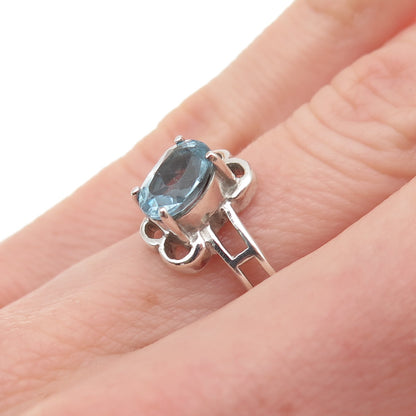 925 Sterling Silver Vintage Real Oval-Cut Blue Topaz Modernist Ring Size 6