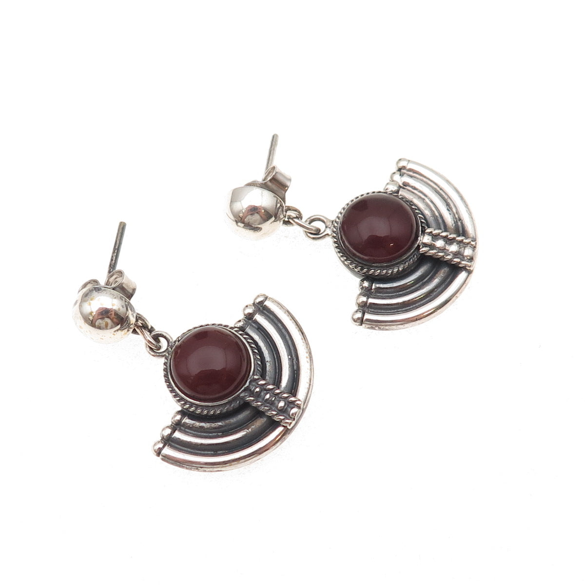 925 Sterling Silver Vintage Real Carnelian Modernist Oxidized Dangle Earrings