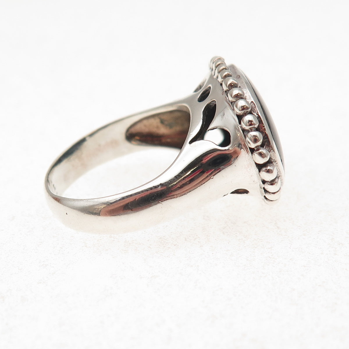 925 Sterling Silver Vintage Real Black Onyx Beaded Oxidized Ring Size 6.75
