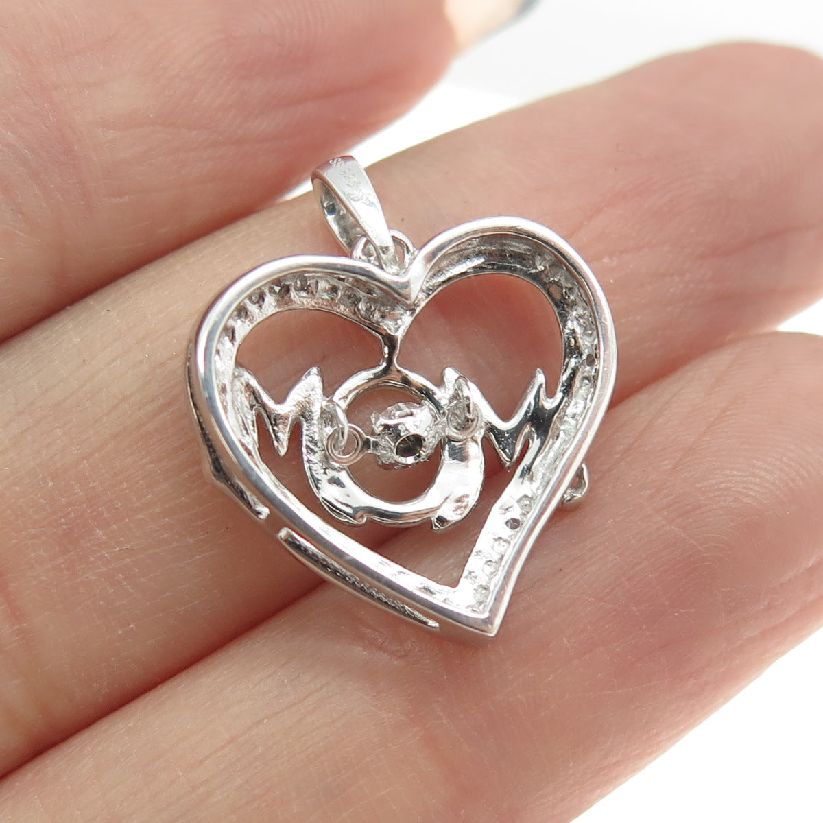 925 Sterling Silver Real Round-Cut Diamond "MOM" Heart Pendant