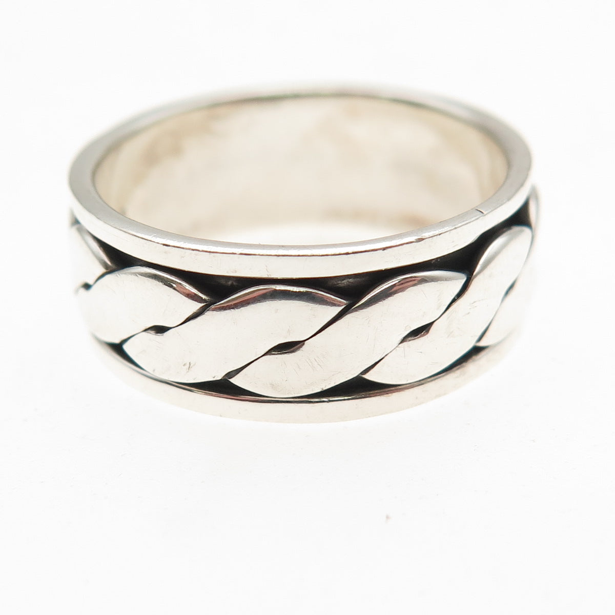 925 Sterling Silver Vintage Woven Oxidized Rotating Band Ring Size 9