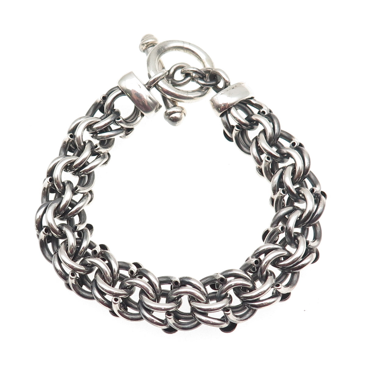 950 Silver Vintage Mexico Heavy 67.6g Bismark Link Oxidized Bracelet 7.5"