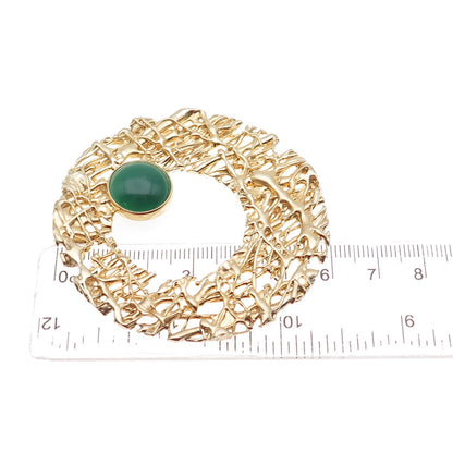 925 Sterling Gold Plated Vintage Real Green Onyx Modernist Crescent Pin Brooch