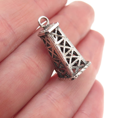 925 Sterling Silver Vintage Oil Derrick Oxidized 3D Charm Pendant