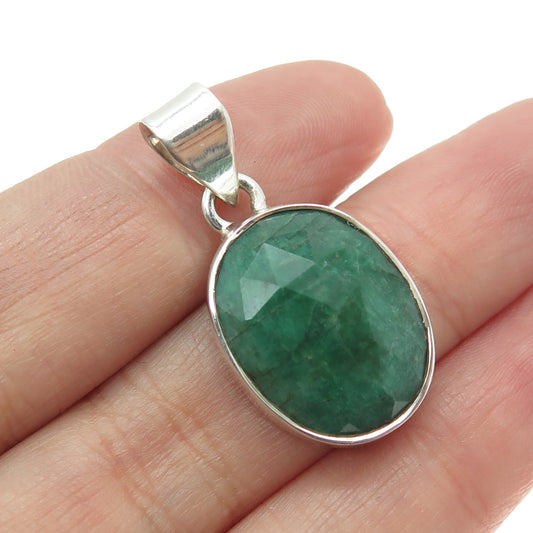 925 Sterling Silver Vintage Real Checkered Emerald Gemstone Pendant