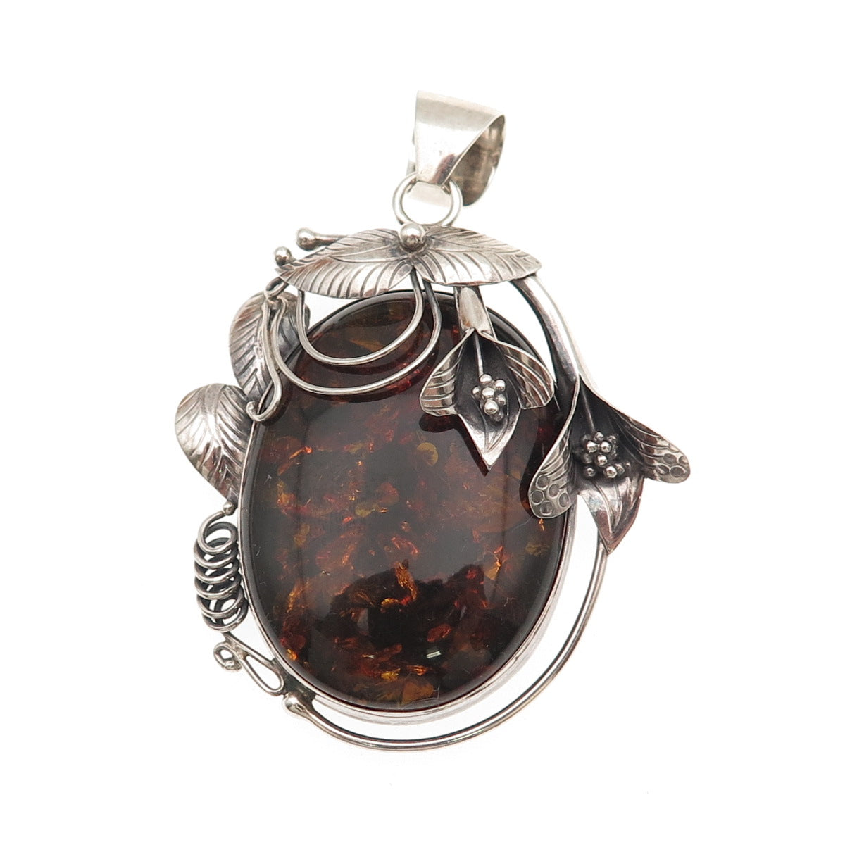 ZIV 925 Sterling Silver Vintage Real Amber Modernist Floral Oxidized Pendant