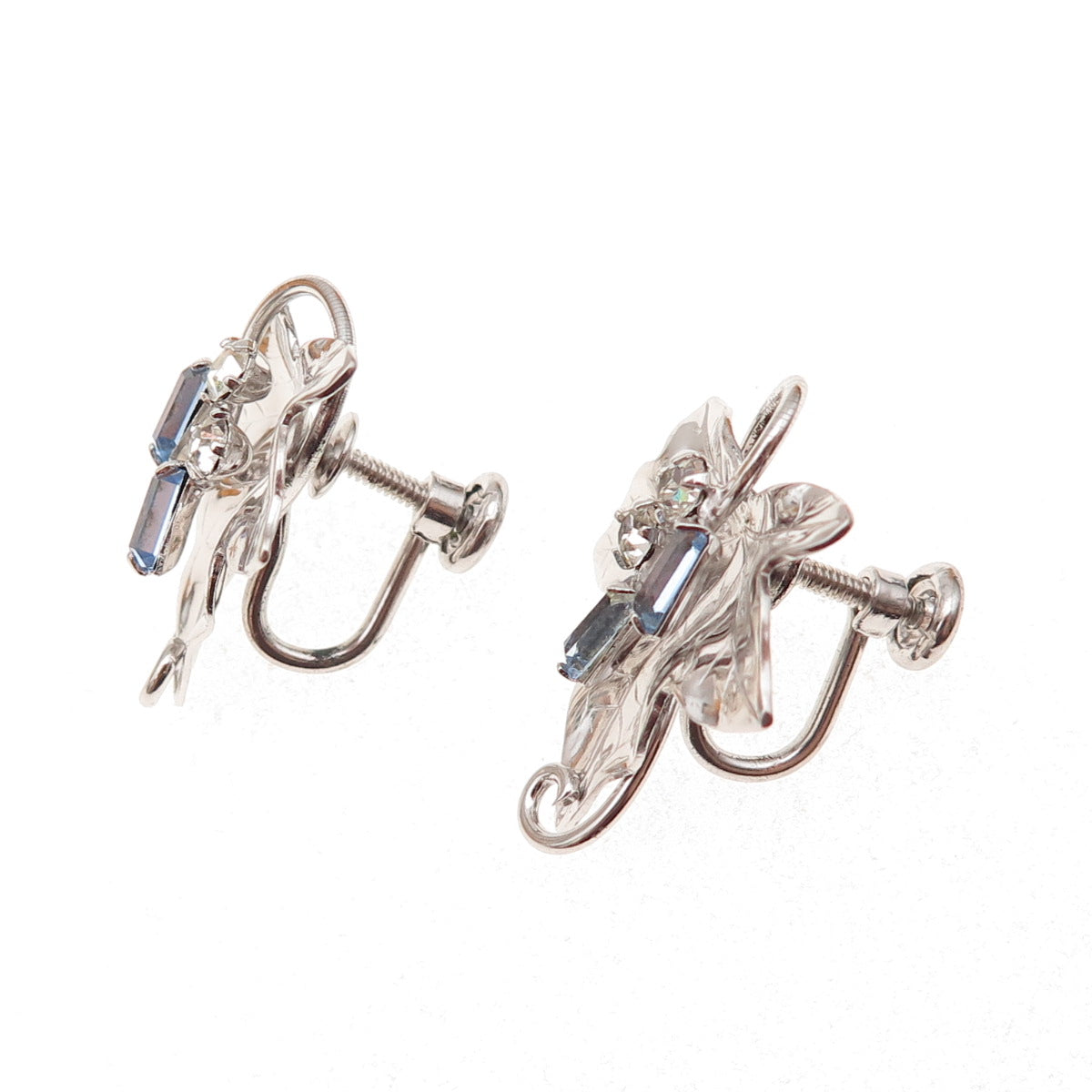Carl Art 925 Sterling Vintage Blue & White Rhinestone Floral Screw Back Earrings