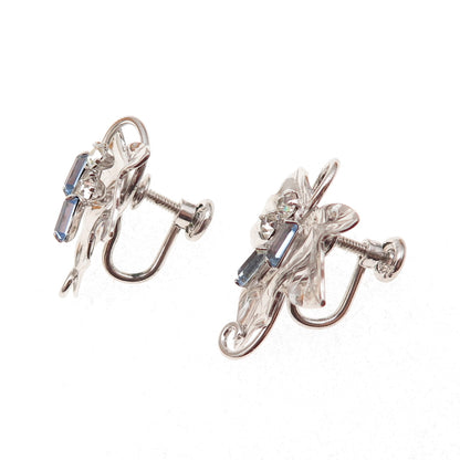 Carl Art 925 Sterling Vintage Blue & White Rhinestone Floral Screw Back Earrings