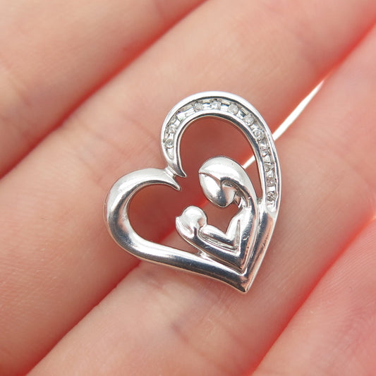 925 Sterling Silver Real Diamond Mom & Child Heart Minimalist Slide Pendant