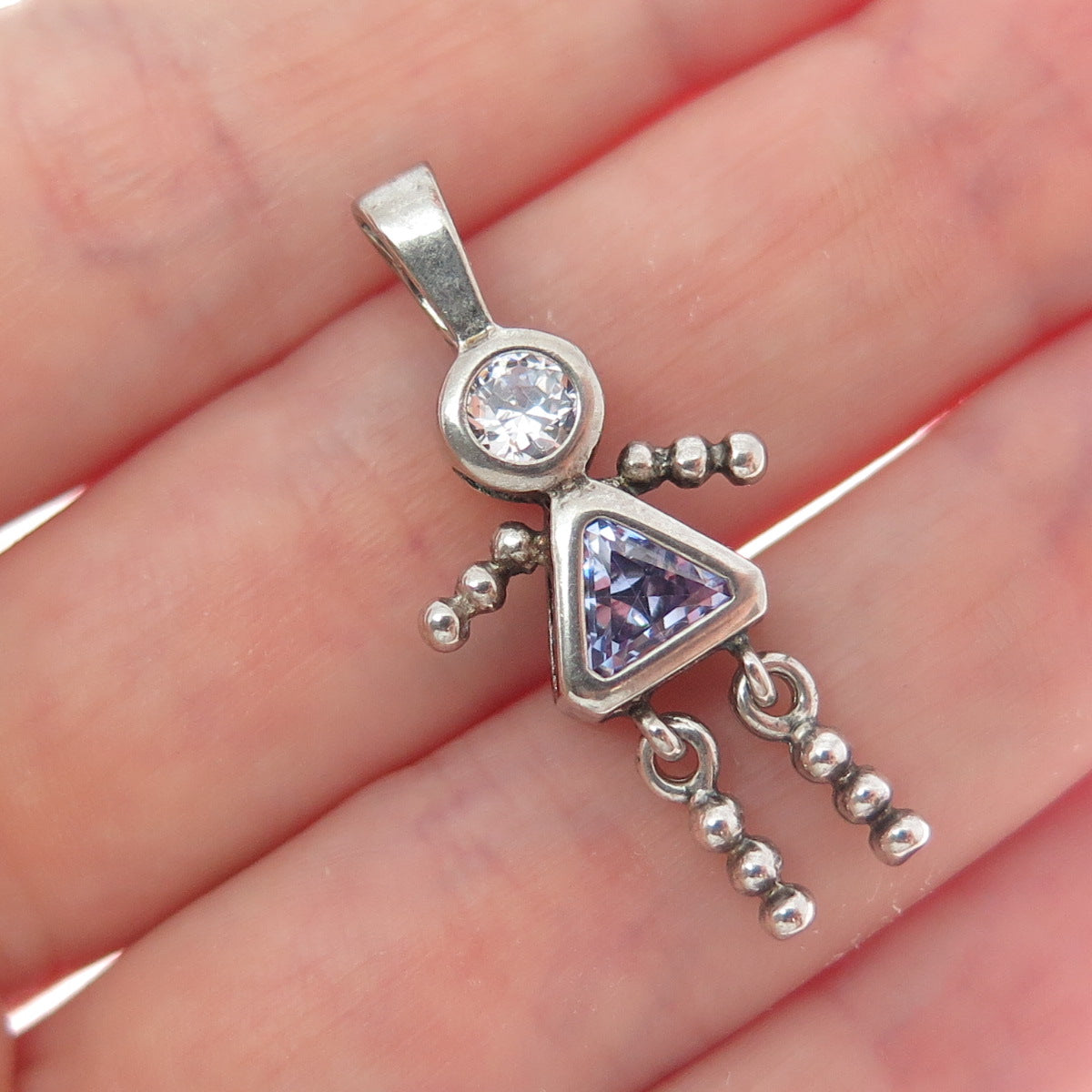 925 Sterling Vintage Multi-C Z February Birthstone Girl Articulated Pendant