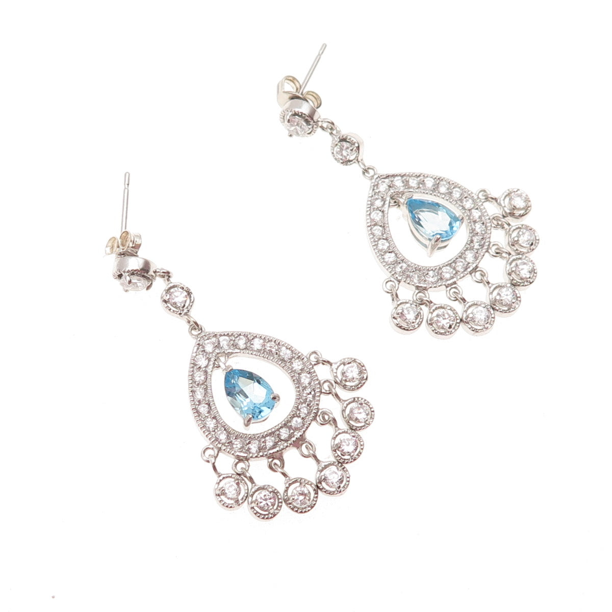 925 Sterling Silver Real Pear-Cut Blue Topaz & C Z Dangle Earrings