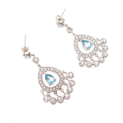 925 Sterling Silver Real Pear-Cut Blue Topaz & C Z Dangle Earrings