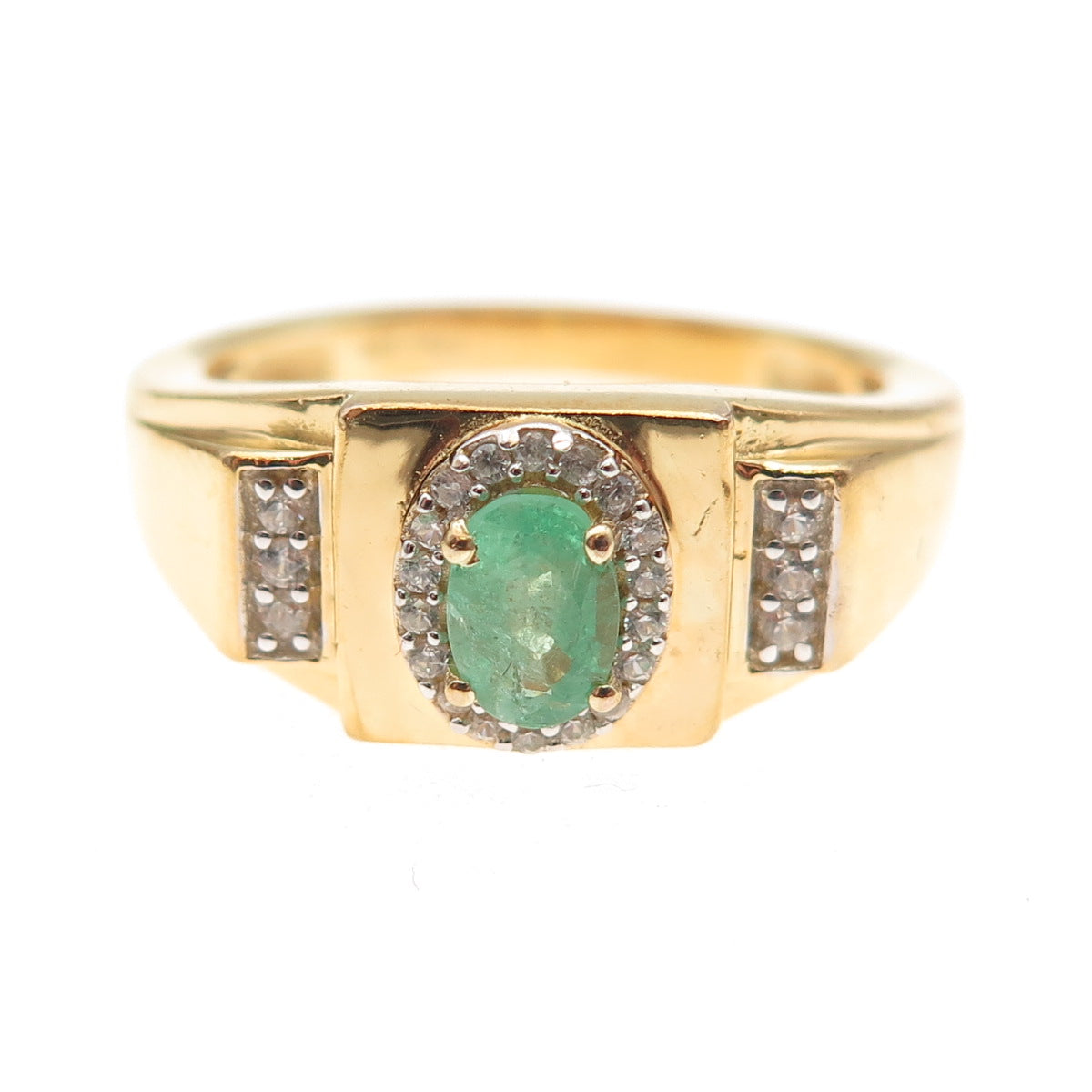D'JOY 925 Sterling Silver Gold Plated Real Emerald & White Topaz Ring Size 10.25