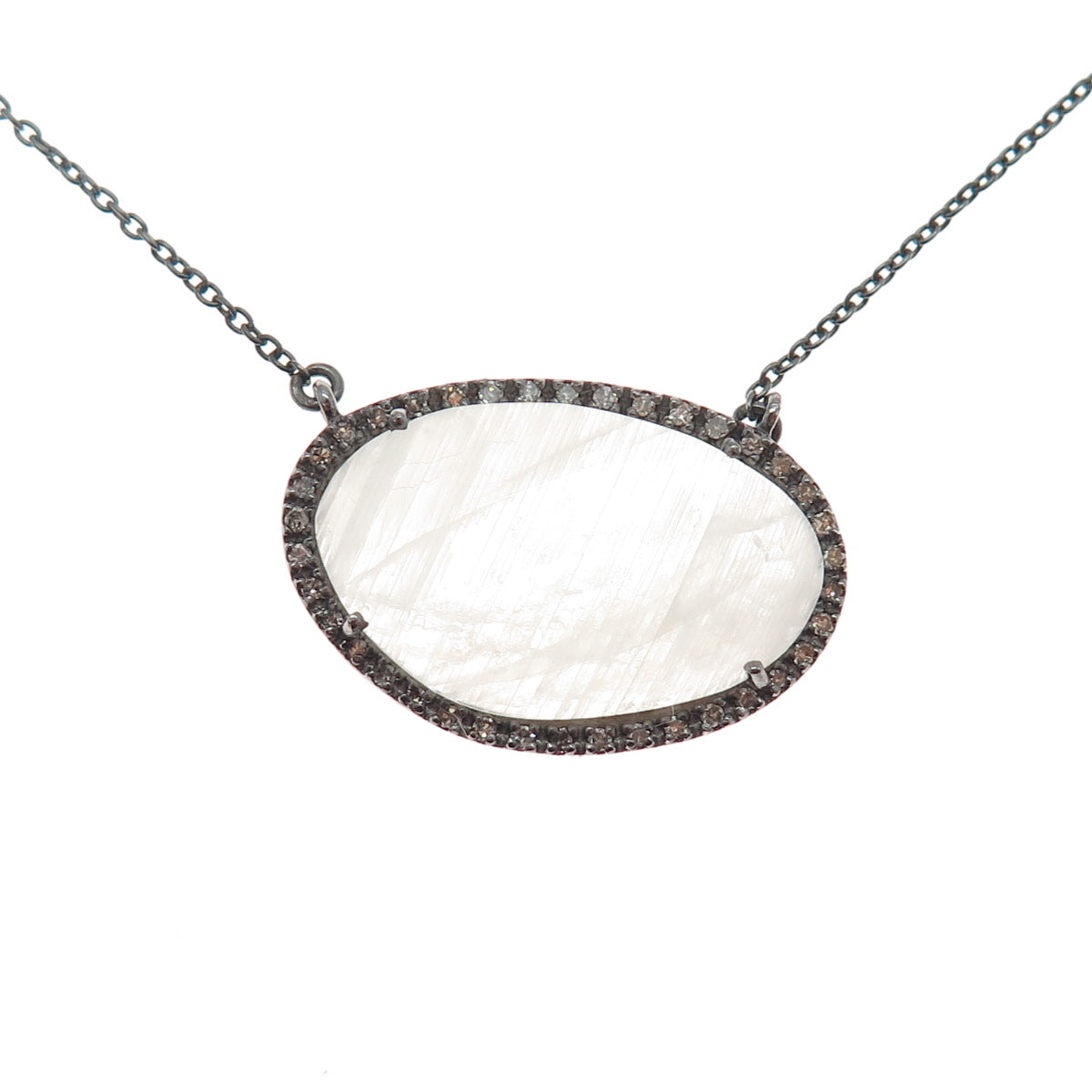 925 Sterling Silver Black Rhodium Real Diamond & Quartz Chain Necklace 16-18"