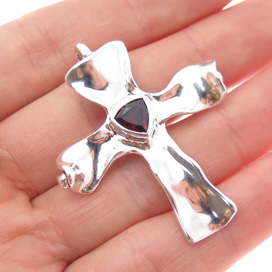 HAGIT GORALI 925 Sterling Silver Vintage Real Red Garnet Modernist Cross Pendant