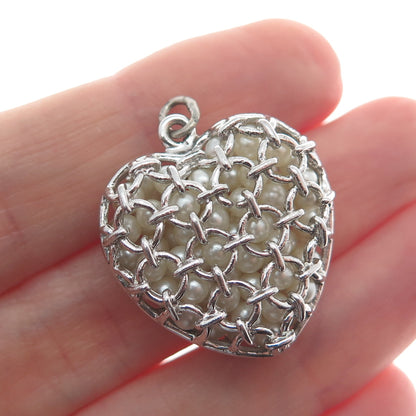 925 Sterling Silver Antique Art Deco Faux Pearl Heart Minimalist Charm Pendant
