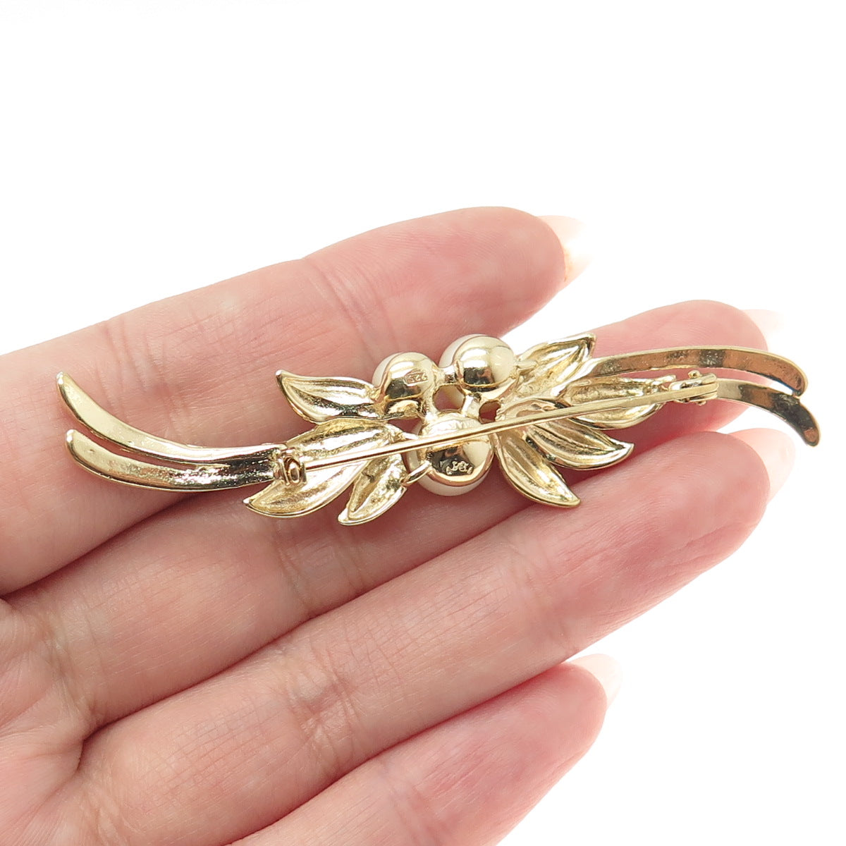 MAJORICA 925 Sterling Silver Gold Plated Vintage Faux Pearl Leaf Pin Brooch